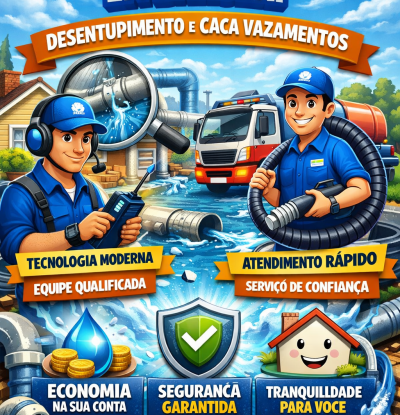 Ilustração colorida de anúncio da Desentupidora em Barueri, mostrando técnicos equipados realizando desentupimento e caça vazamentos, com destaque para tecnologia moderna, atendimento rápido, economia, segurança e confiança no serviço.